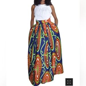 Abstract Floral African Print Navy Maxi Skirt